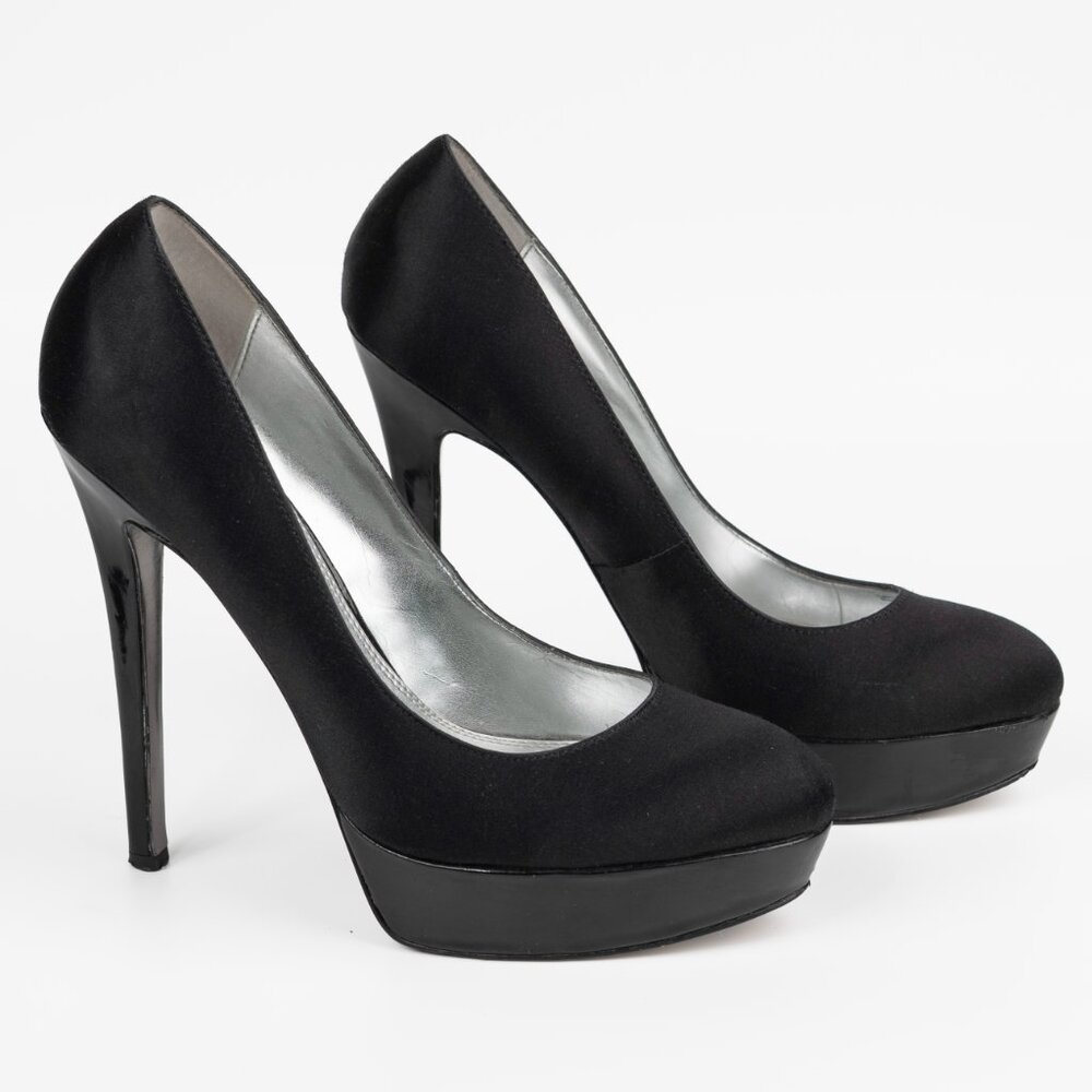Bebe Black Satin & Patent faux Leather Stiletto Heel Pumps sz 7.5 M